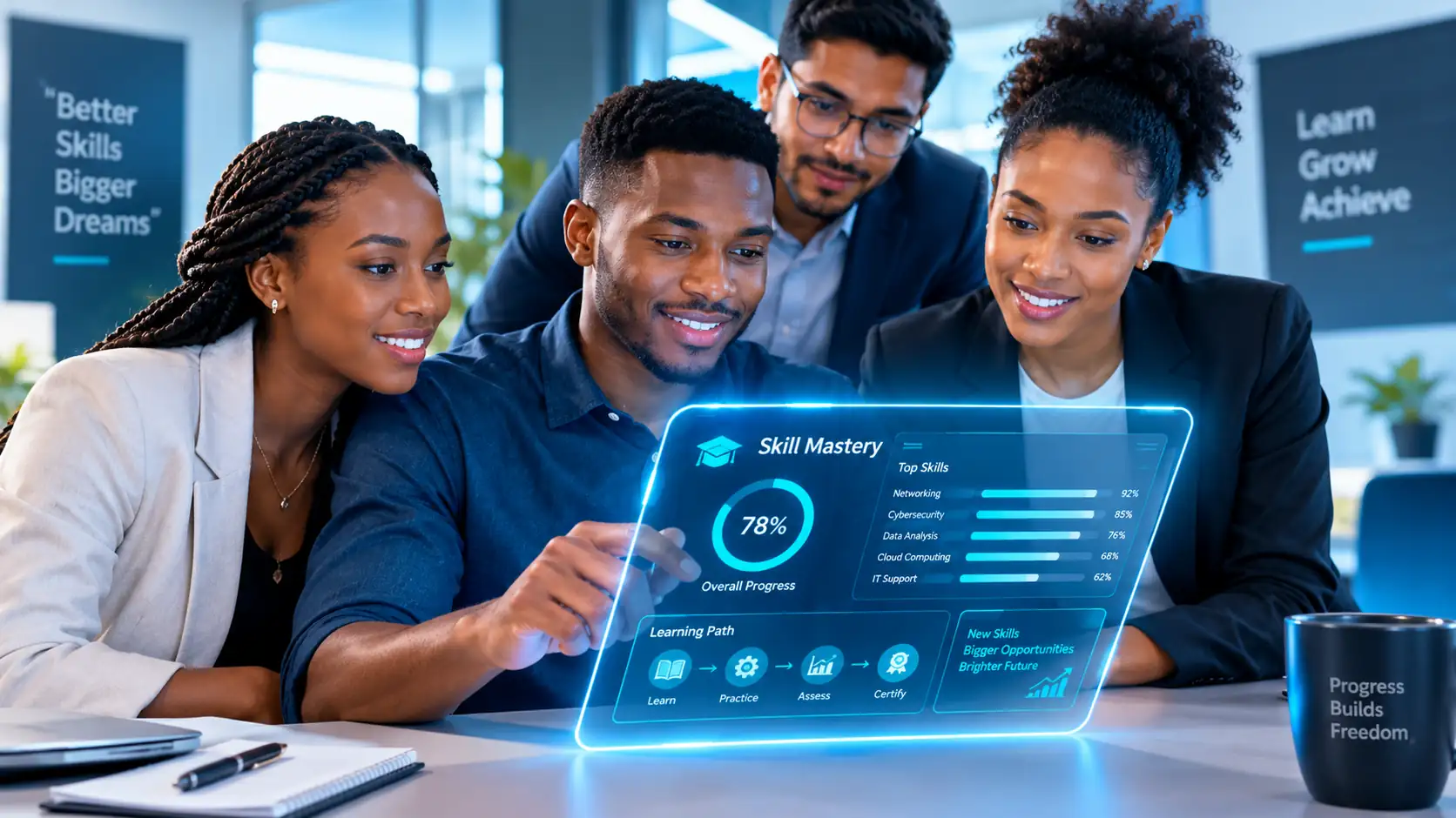 Professionals reviewing a skill mastery dashboard together