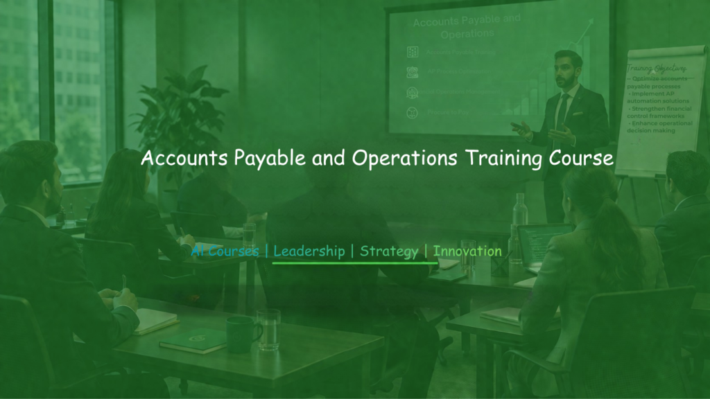 Business training session on Accounts Payable and Operations with participants seated and instructor presenting slides and flipchart.