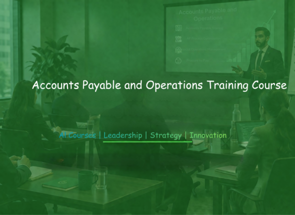 Business training session on Accounts Payable and Operations with participants seated and instructor presenting slides and flipchart.
