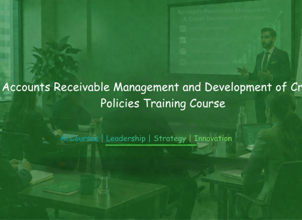 Business professionals attending Accounts Receivable Management and Development of Credit Policies training with a presenter and slides.