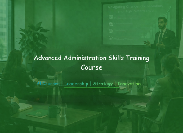Professionals attending an advanced administration skills training session with a facilitator presenting organizational strategies in a modern boardroom.