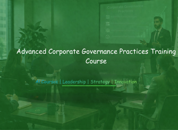 Business training session on Advanced Corporate Governance Practices Training with participants seated and instructor presenting slides and flipchart.