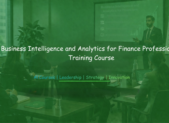 Business professionals attending Business Intelligence and Analytics for Financiers training with a presenter and slides.