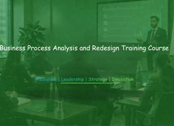 Corporate training session with professionals in a boardroom, presentation screen displaying Business Process Analysis and Redesign Training Course.