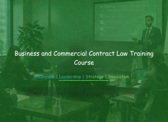 Corporate training session with presenter discussing contract law strategies to seated professionals, slide displayed.