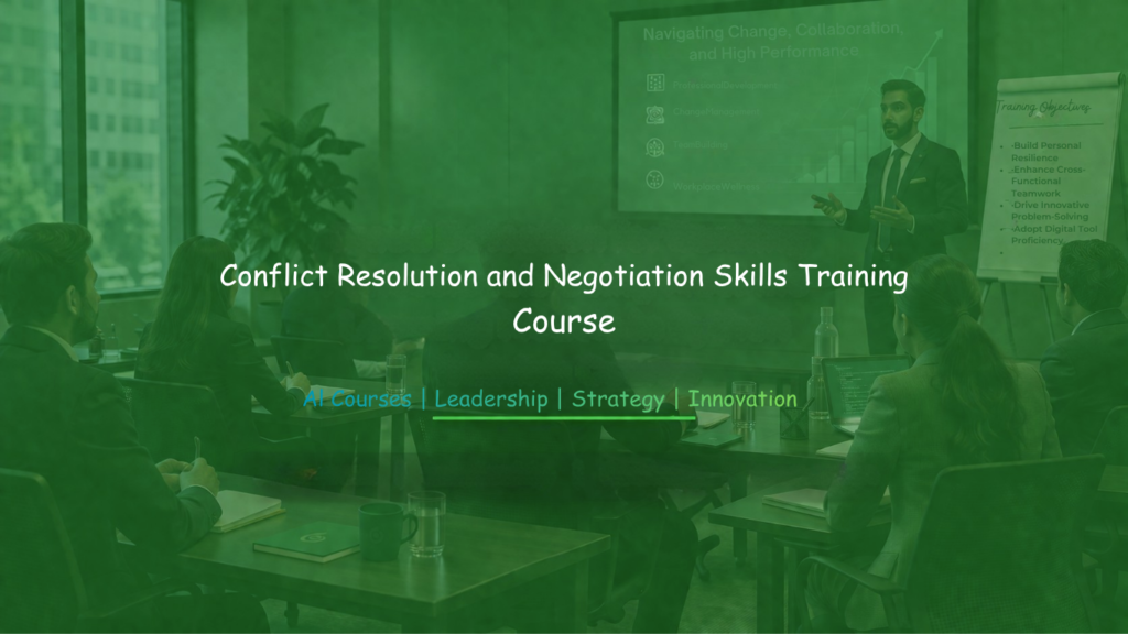 Facilitator conducting a conflict resolution and negotiation skills training session with professionals in a corporate meeting room.