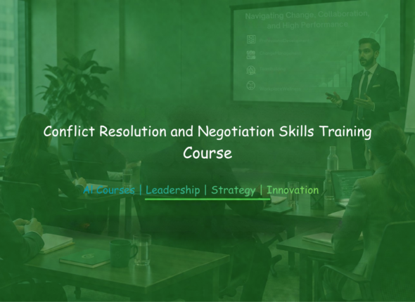 Facilitator conducting a conflict resolution and negotiation skills training session with professionals in a corporate meeting room.