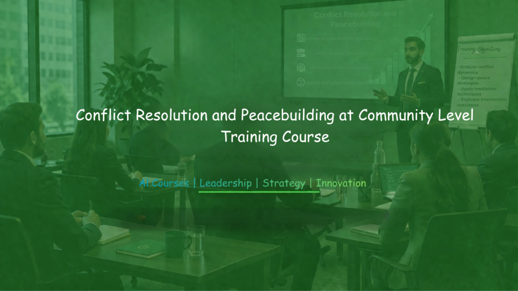 Group of professionals attending a conflict resolution and peacebuilding training session with a facilitator presenting in a meeting room.
