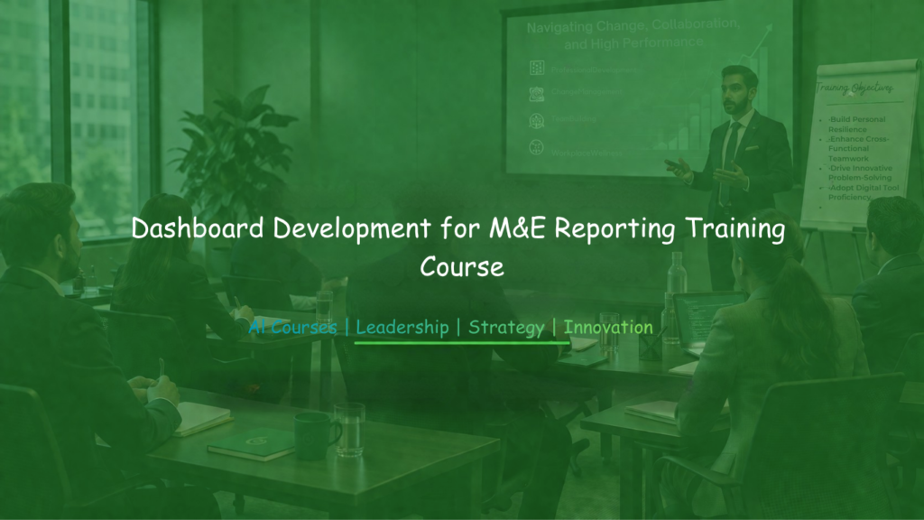 Trainer presenting dashboard design concepts for monitoring and evaluation reporting.