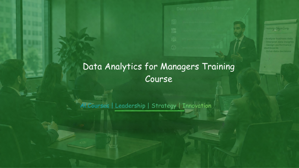 Professionals attending a data analytics for managers training session with a presenter explaining insights on a screen.