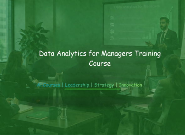 Professionals attending a data analytics for managers training session with a presenter explaining insights on a screen.