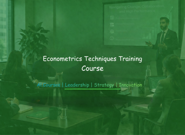 Instructor presenting econometrics models and data analysis techniques to professionals in a corporate training room.