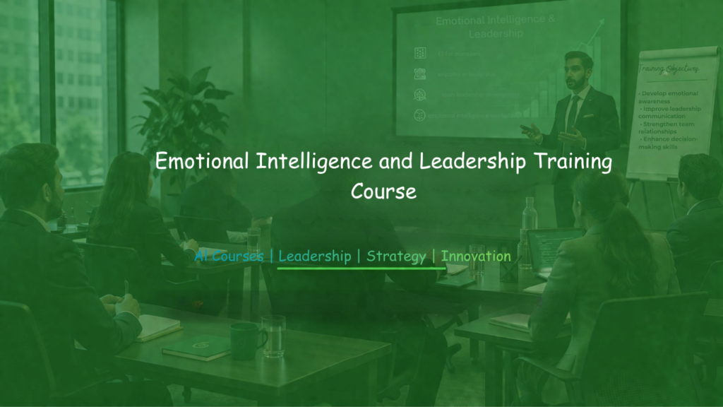 Business professionals attending an emotional intelligence and leadership training session in a modern conference room, with a presenter speaking beside a presentation screen.