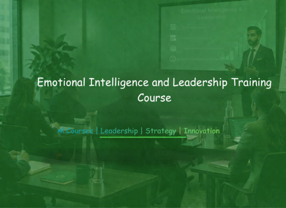 Business professionals attending an emotional intelligence and leadership training session in a modern conference room, with a presenter speaking beside a presentation screen.