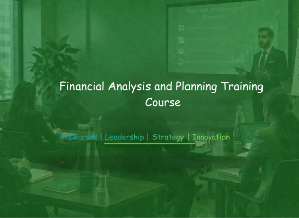 Business professionals attending a Financial Analysis and planning training with a presenter and slides.