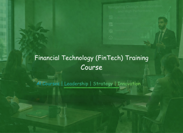 Instructor leading a financial technology (FinTech) training session for professionals in a modern corporate classroom.