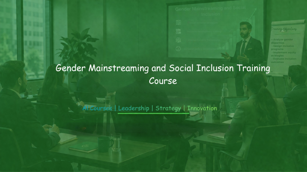Professionals attending a gender mainstreaming and social inclusion training session led by a presenter in a modern office setting.