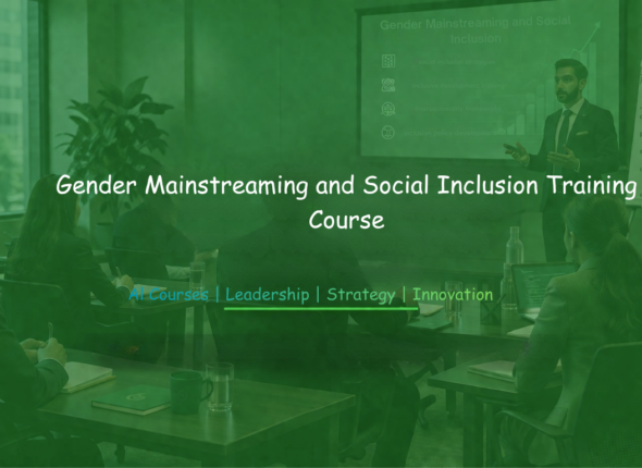 Professionals attending a gender mainstreaming and social inclusion training session led by a presenter in a modern office setting.
