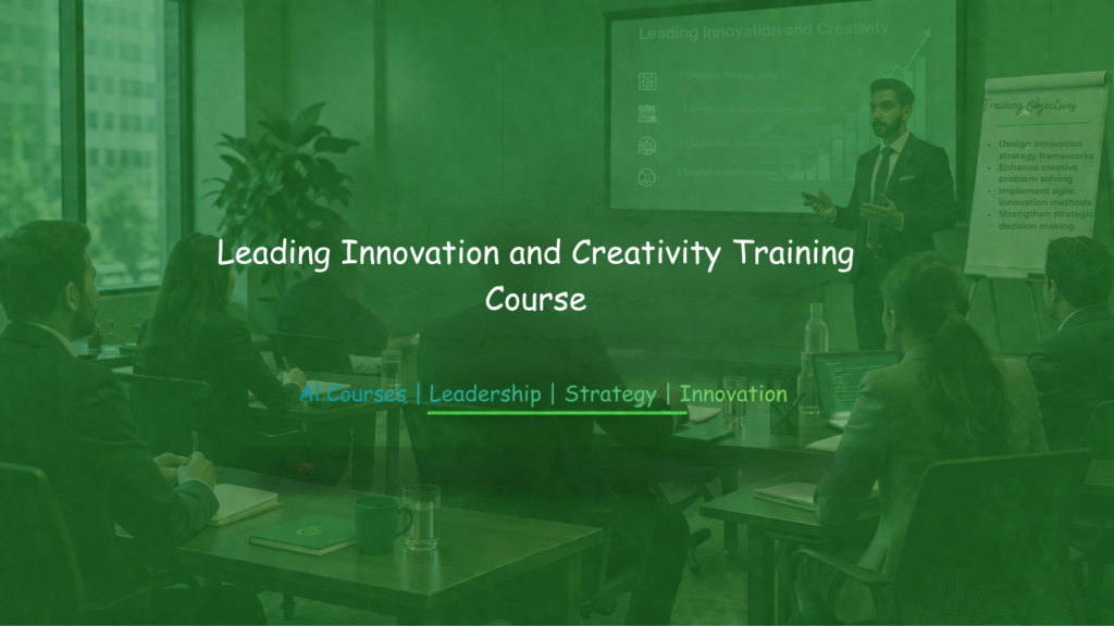 Business trainer presenting innovation and creativity strategies to professionals in a corporate training workshop setting.