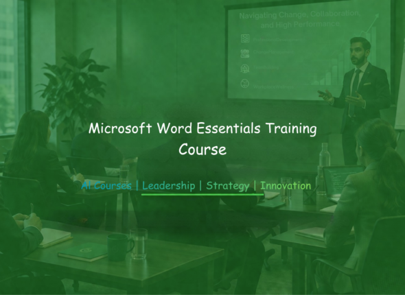 Instructor leading a Microsoft Word essentials training session with participants working on laptops in a corporate training room.