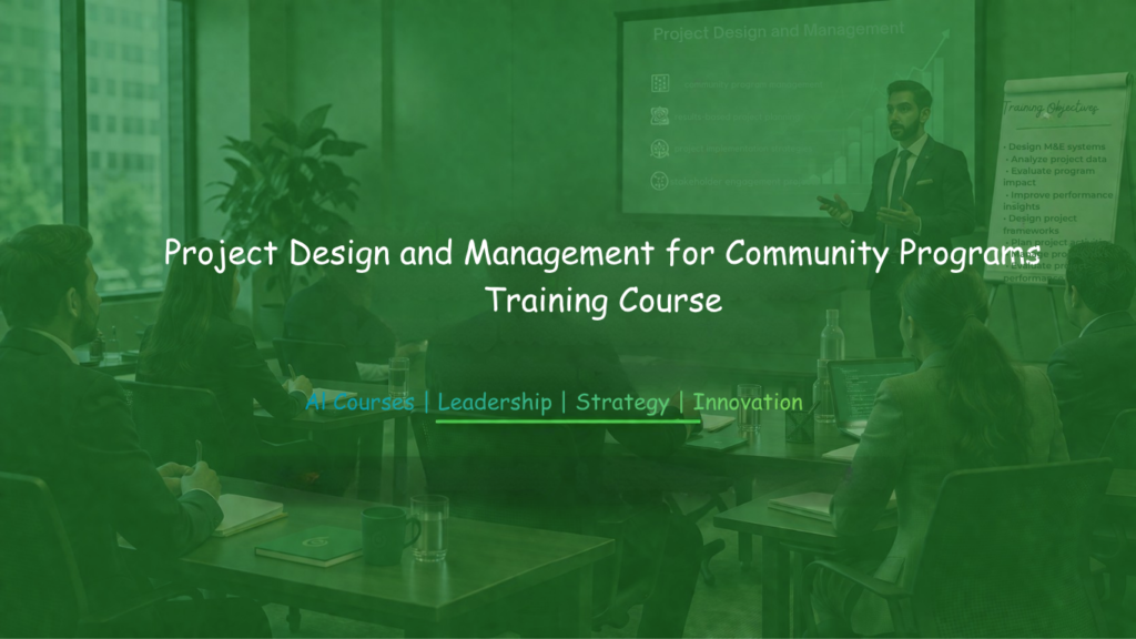 Group of professionals in a project design and management training session with a facilitator presenting in a conference room.