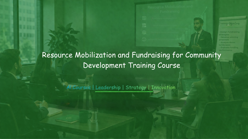 Training session on resource mobilization and fundraising with a presenter addressing professionals in a meeting room.