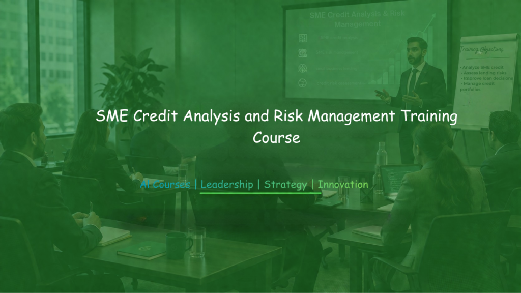 Business professionals attending SME Credit Analysis and Risk Management training with a presenter and slides.