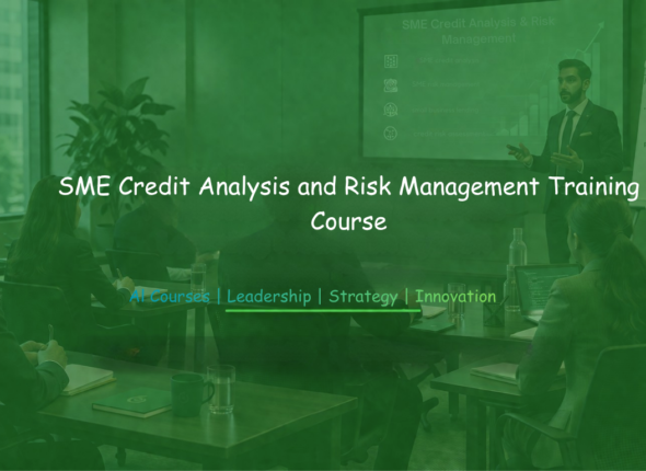 Business professionals attending SME Credit Analysis and Risk Management training with a presenter and slides.