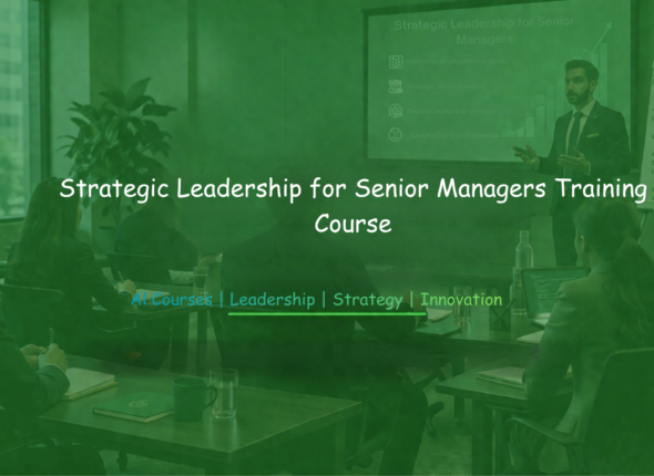Business professionals attending Strategic Leadership for Senior Managers training with a presenter and slides.