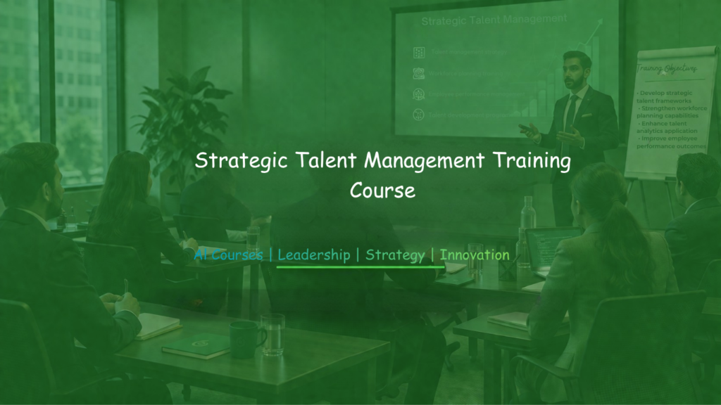 Business professionals attending Strategic Talent Management training with a presenter and slides.