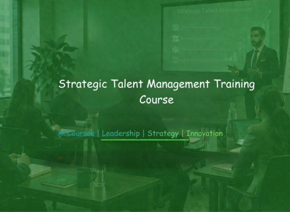 Business professionals attending Strategic Talent Management training with a presenter and slides.