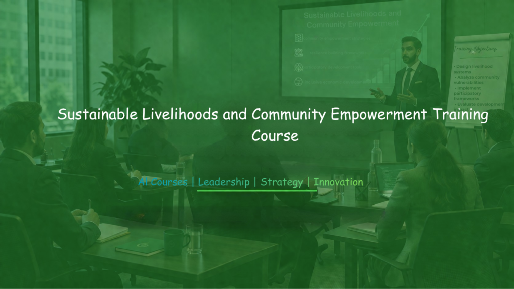 Professionals participating in a sustainable livelihoods and community empowerment training workshop led by a facilitator in a corporate meeting room.