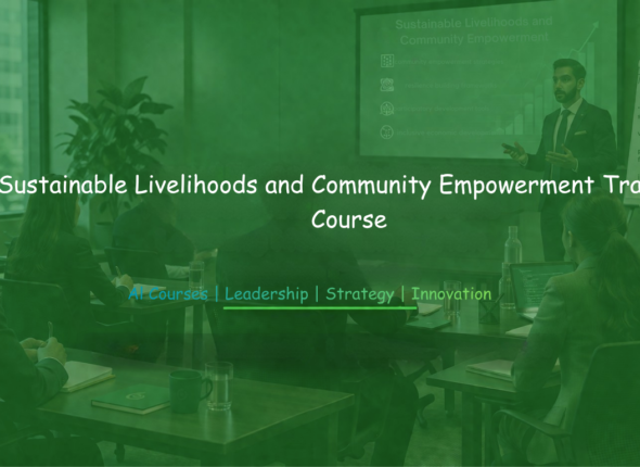 Professionals participating in a sustainable livelihoods and community empowerment training workshop led by a facilitator in a corporate meeting room.