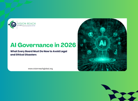 Banner design for “AI Governance in 2026” featuring a futuristic AI interface graphic and the subtitle “What Every Board Must Do Now to Avoid Legal and Ethical Disasters.”