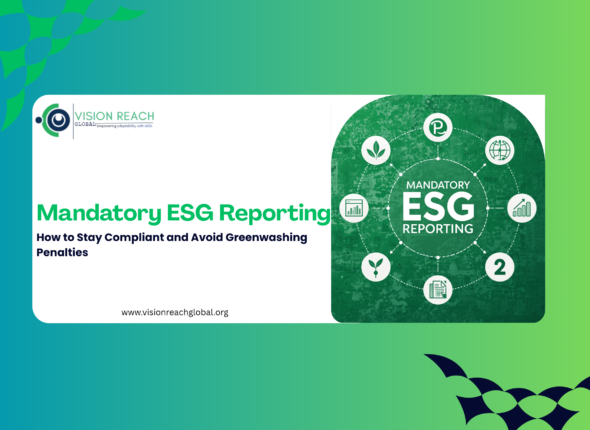 Banner illustrating mandatory ESG reporting requirements with circular sustainability icons, highlighting compliance, governance, and strategies to avoid greenwashing penalties.
