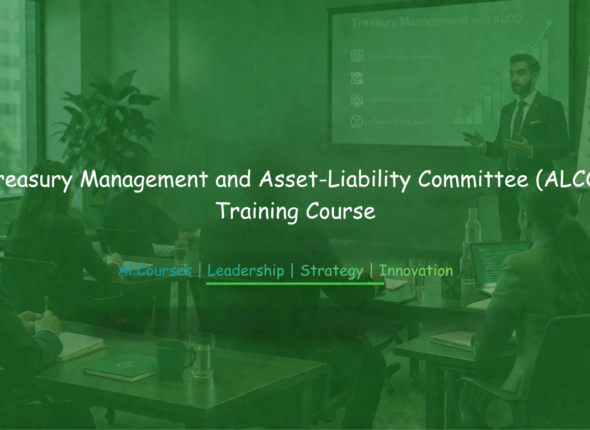 A corporate training session where a presenter delivers a Treasury Management and ALCO course to professionals in a boardroom setting with a projected presentation screen.