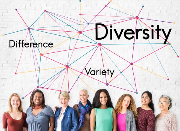 Diverse group of women of different ages and ethnic backgrounds standing together beneath a network graphic labeled “Diversity,” “Difference,” and “Variety,” symbolizing gender mainstreaming and social inclusion.