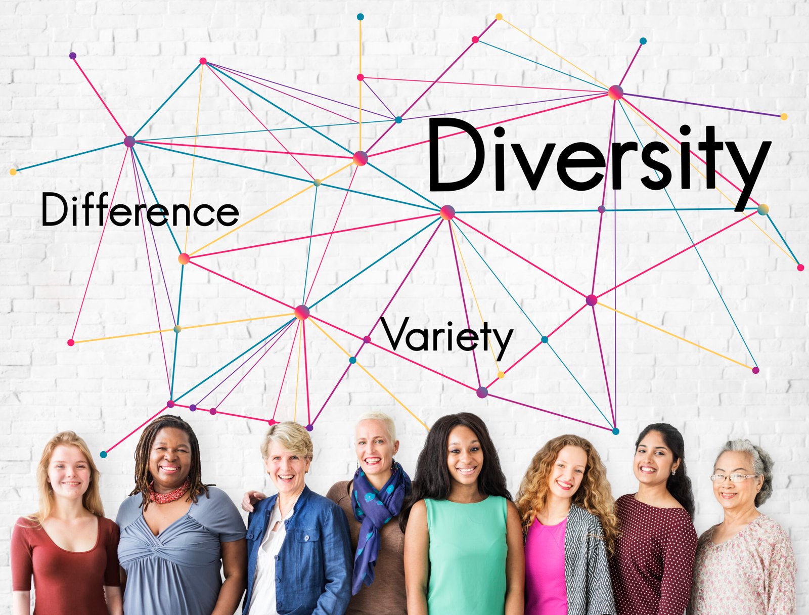 Diverse group of women of different ages and ethnic backgrounds standing together beneath a network graphic labeled “Diversity,” “Difference,” and “Variety,” symbolizing gender mainstreaming and social inclusion.