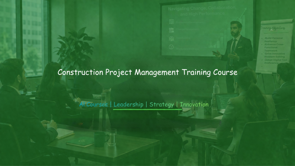 Professional construction project management training session with a facilitator presenting to participants in a corporate learning environment.