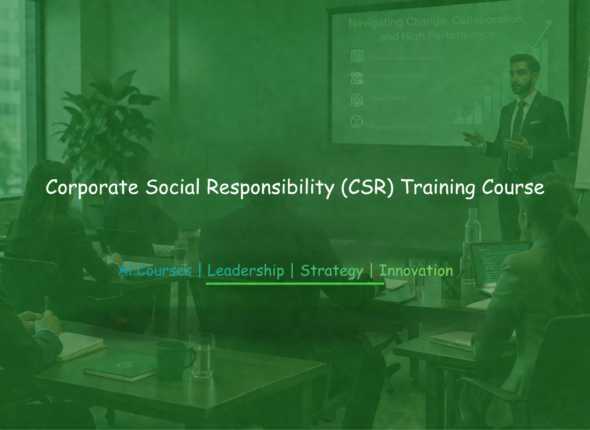 Business professionals participating in a Corporate Social Responsibility training seminar focused on sustainability and ethical business practices.