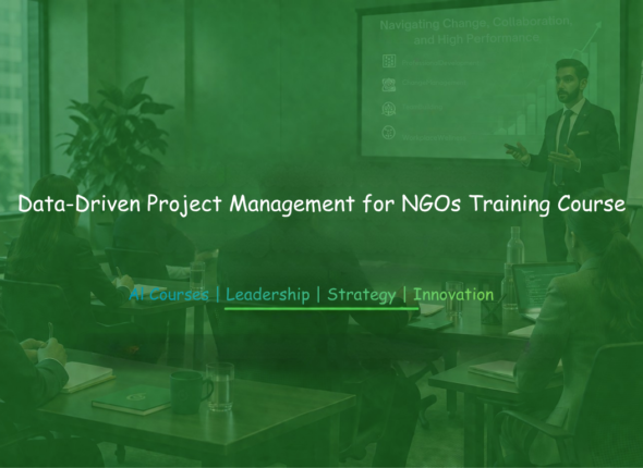 Professional NGO project management training session featuring a facilitator presenting data-driven strategies to participants in a meeting room environment.