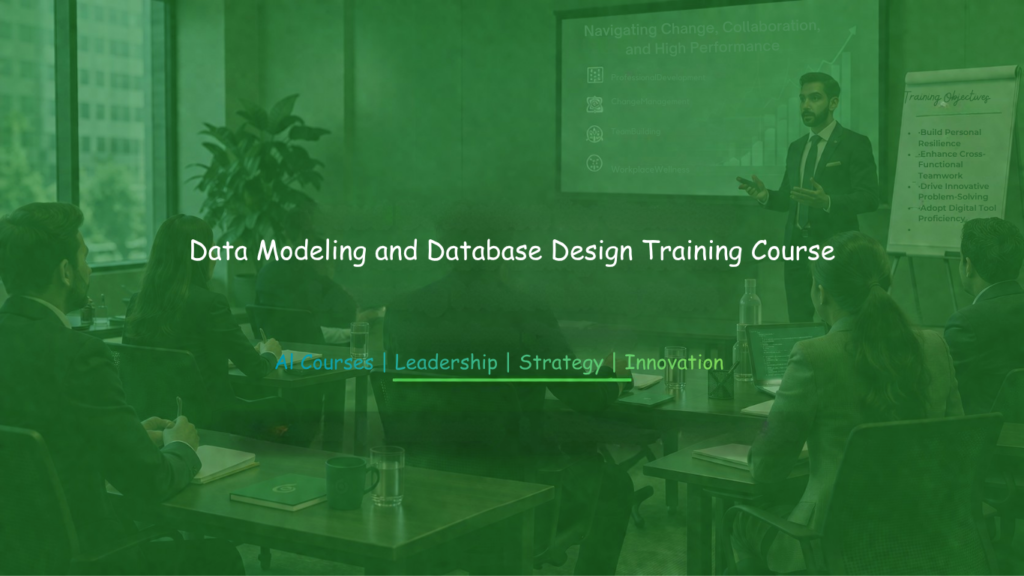 Instructor leading a Data Modeling and Database Design Training workshop for IT professionals in a modern corporate classroom.