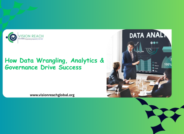 Business professionals in a meeting reviewing data analytics dashboards and performance charts during a discussion on data wrangling, analytics, and governance strategies for organizational success.