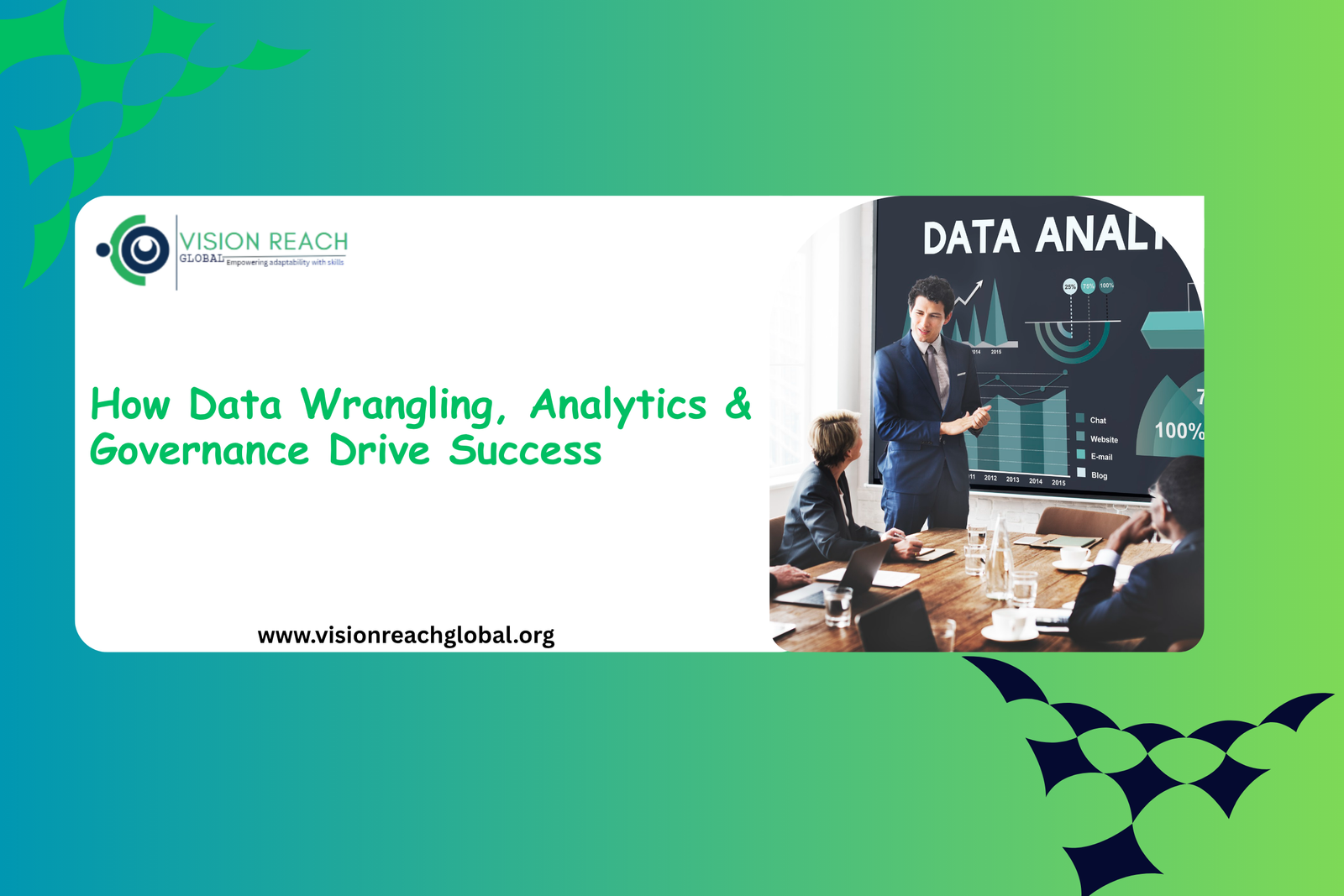 Business professionals in a meeting reviewing data analytics dashboards and performance charts during a discussion on data wrangling, analytics, and governance strategies for organizational success.
