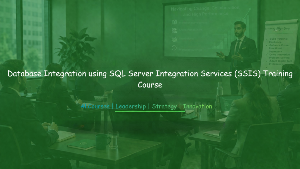 Corporate training session on Database Integration using SQL Server Integration Services (SSIS), featuring a professional instructor presenting data integration concepts and enterprise ETL strategies to business and IT professionals in a modern training room.