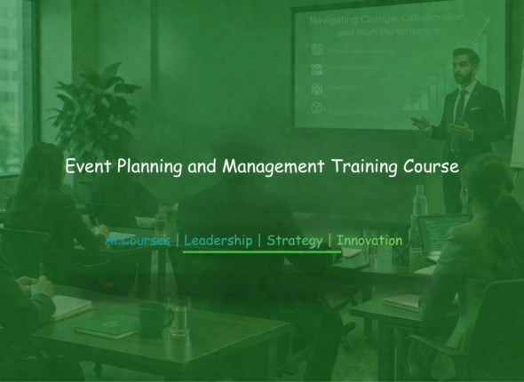 A professional training workshop with attendees seated in a corporate meeting room as a facilitator presents leadership and organizational concepts during an Event Planning and Management Training session.