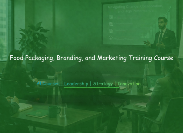 A professional corporate training session featuring participants in a modern boardroom while a presenter delivers a presentation on strategy and performance, overlaid with the title “Food Packaging, Branding, and Marketing Training Course.”