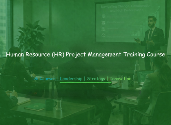 Corporate training session with professionals seated in a modern conference room while a presenter delivers a Human Resource (HR) Project Management Training course focused on leadership, strategy, innovation, and workforce performance.