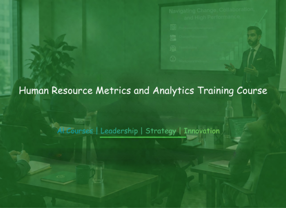 HR professionals attending a metrics and analytics training session with presentations on workforce data and organizational performance.