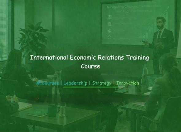 Trainer presenting international economic relations concepts to professionals in a seminar setting.